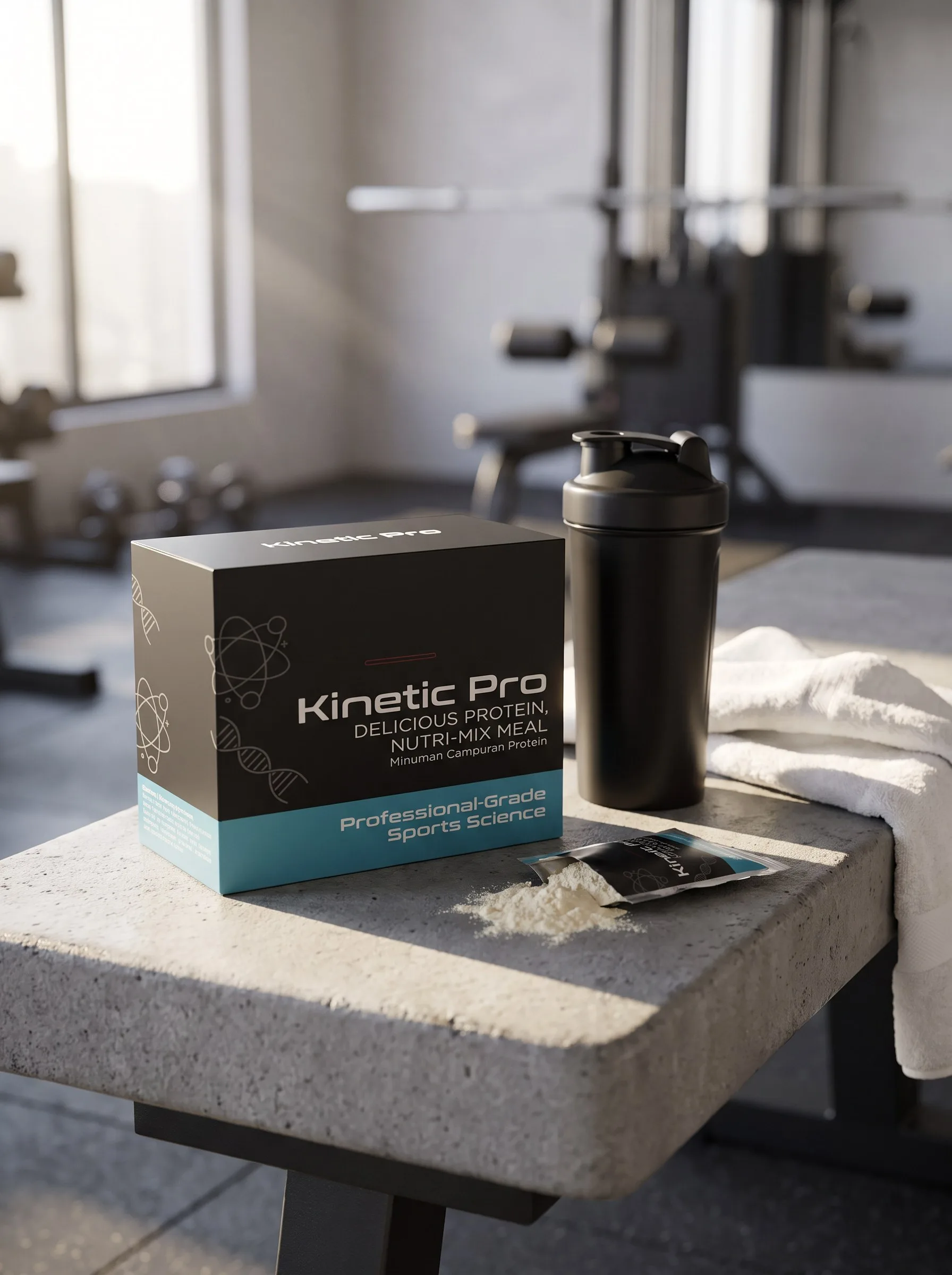 Kinetic Pro box beside a shaker bottle on a gym bench