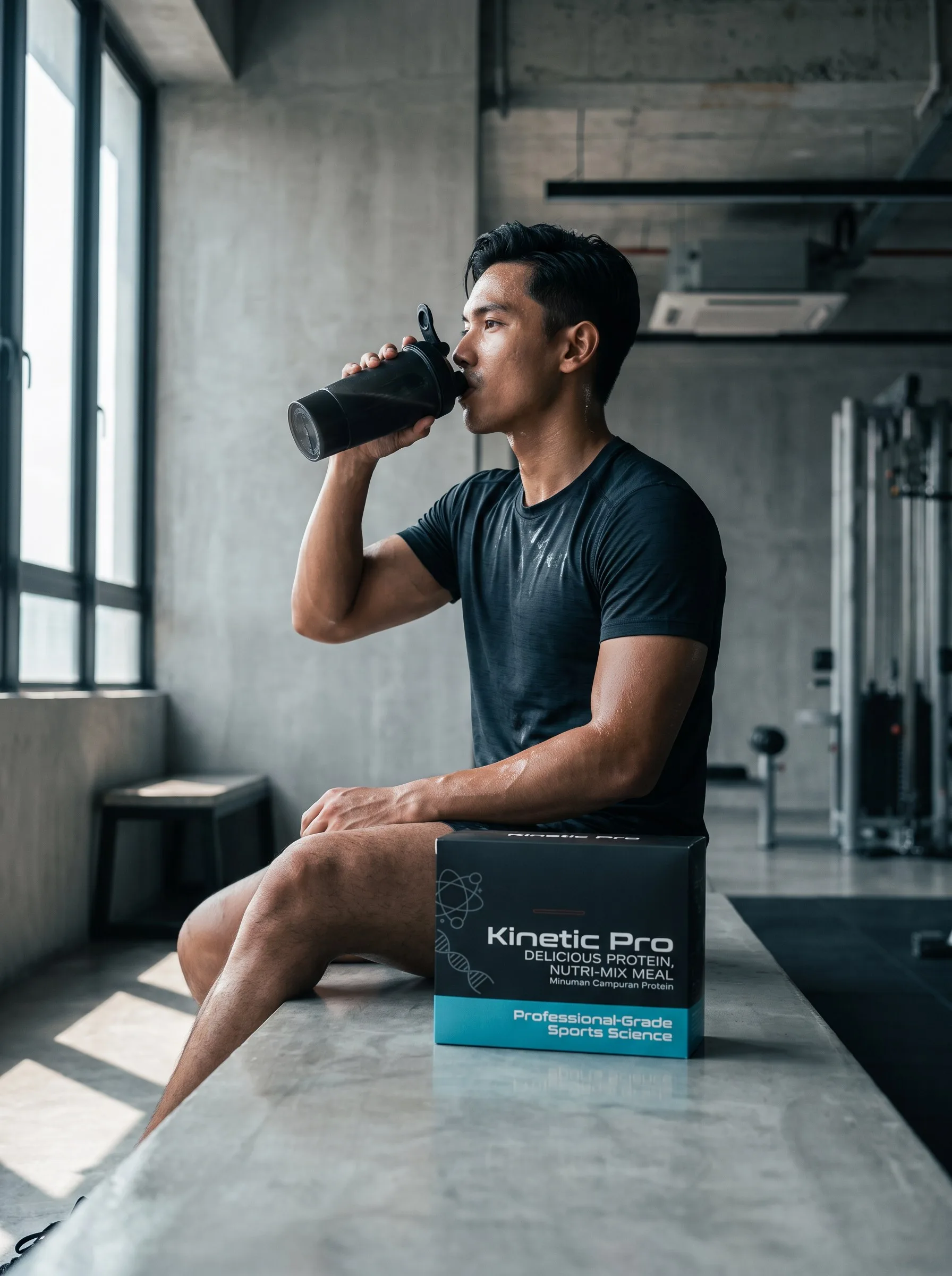 A man drinking from a shaker after training, Kinetic Pro beside him