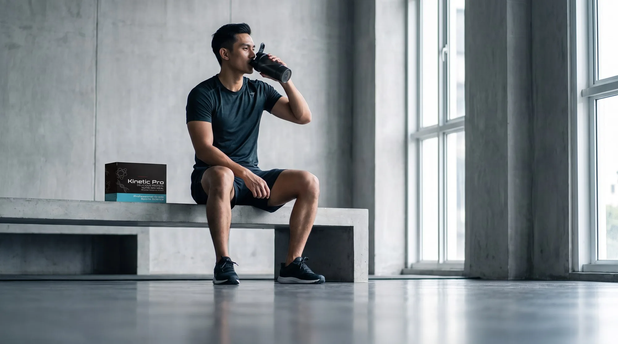 A man seated on a concrete gym bench drinking from a shaker, Kinetic Pro beside him