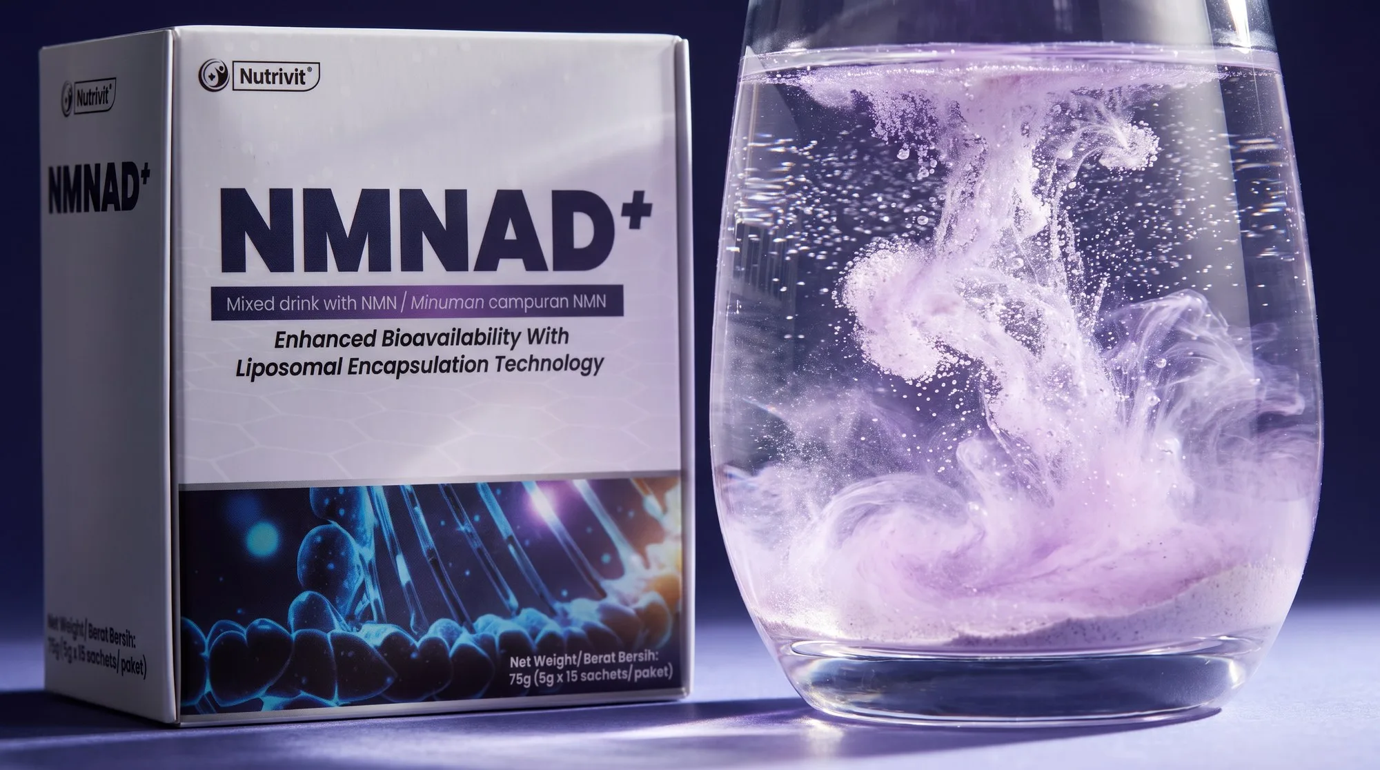 Powder dissolving into lilac swirls in a glass of water