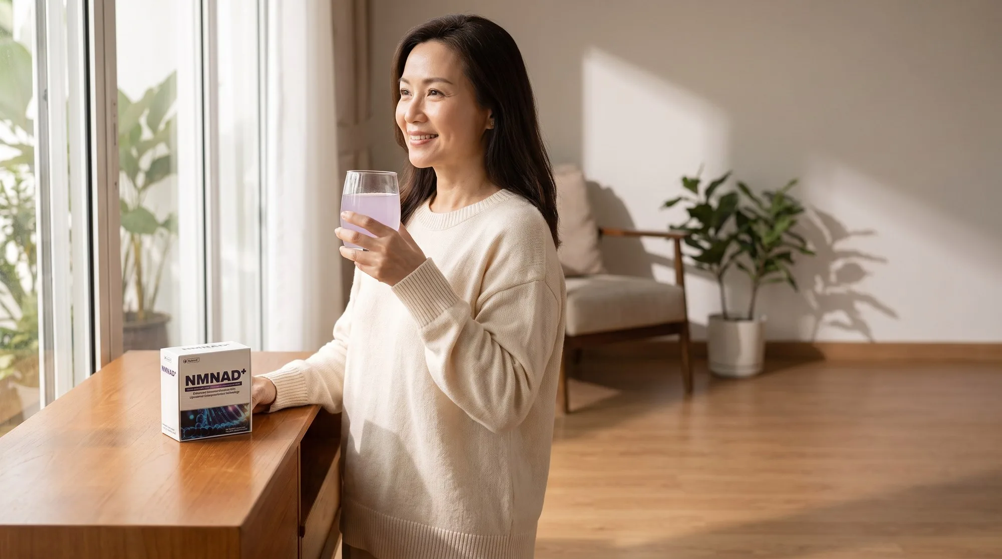 A smiling woman holding a glass of lilac drink by a sunlit window, NMNAD+ on the side table