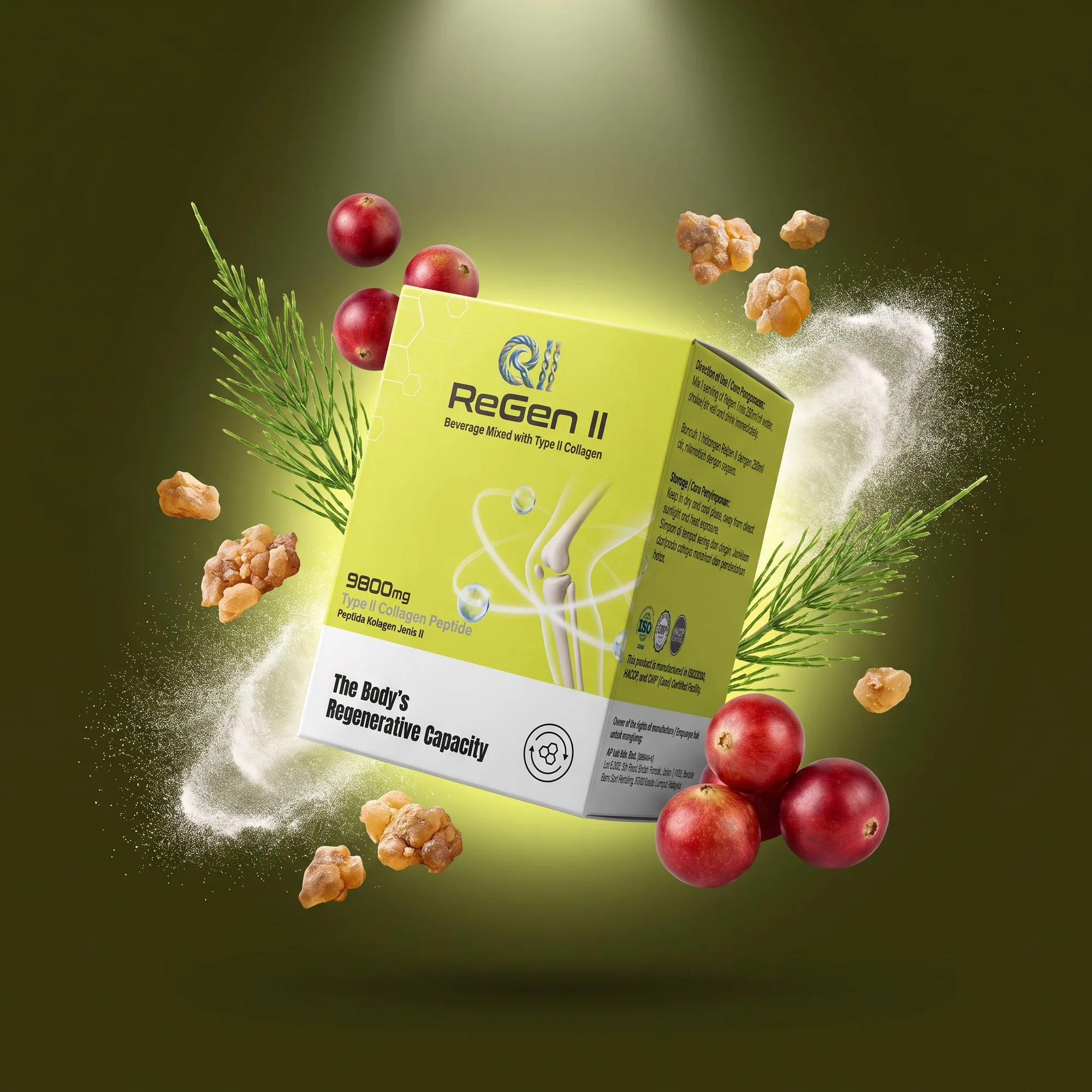 ReGen II box surrounded by camu camu berries, horsetail and boswellia resin