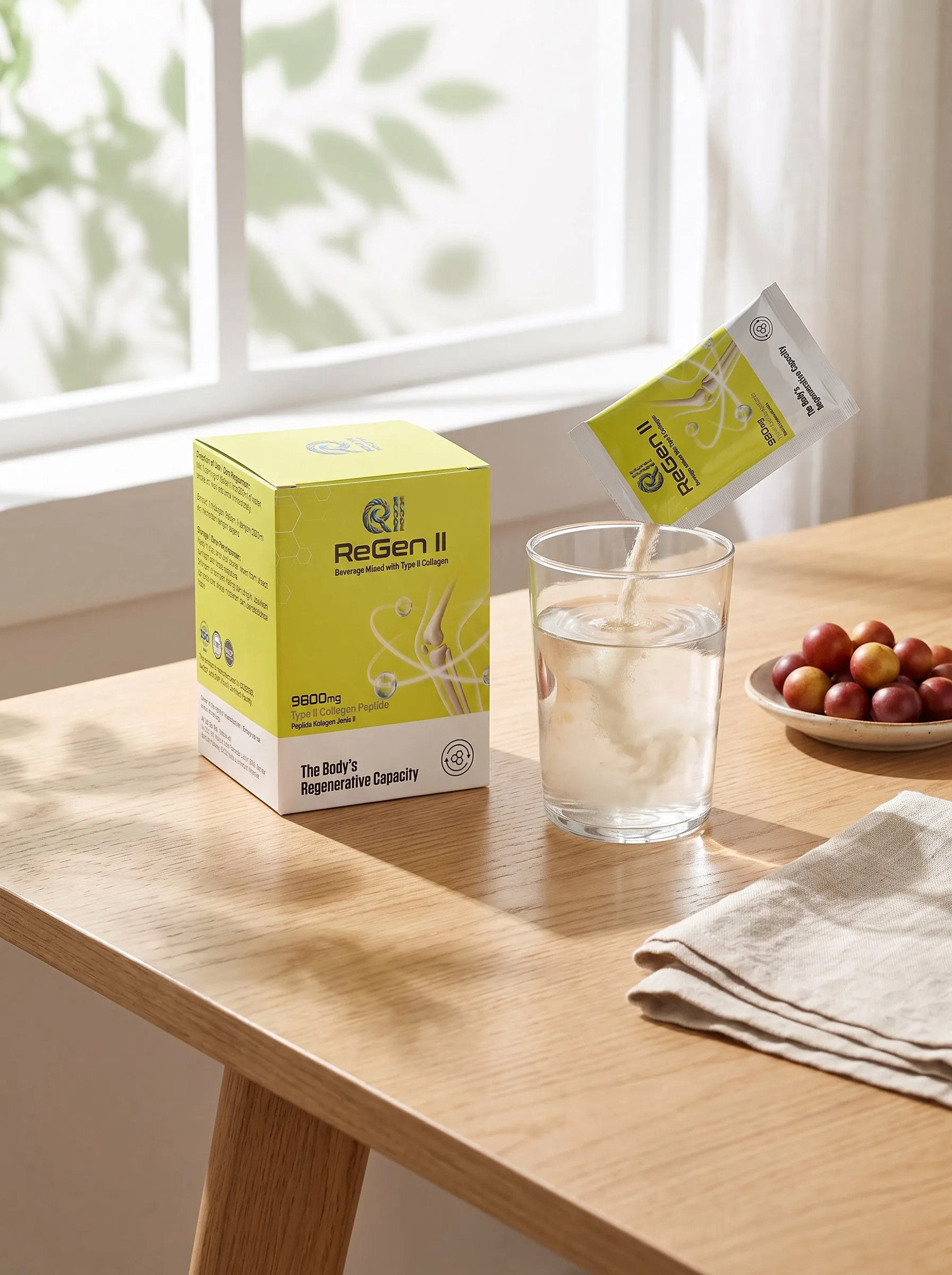 A ReGen II sachet being poured into a glass of water