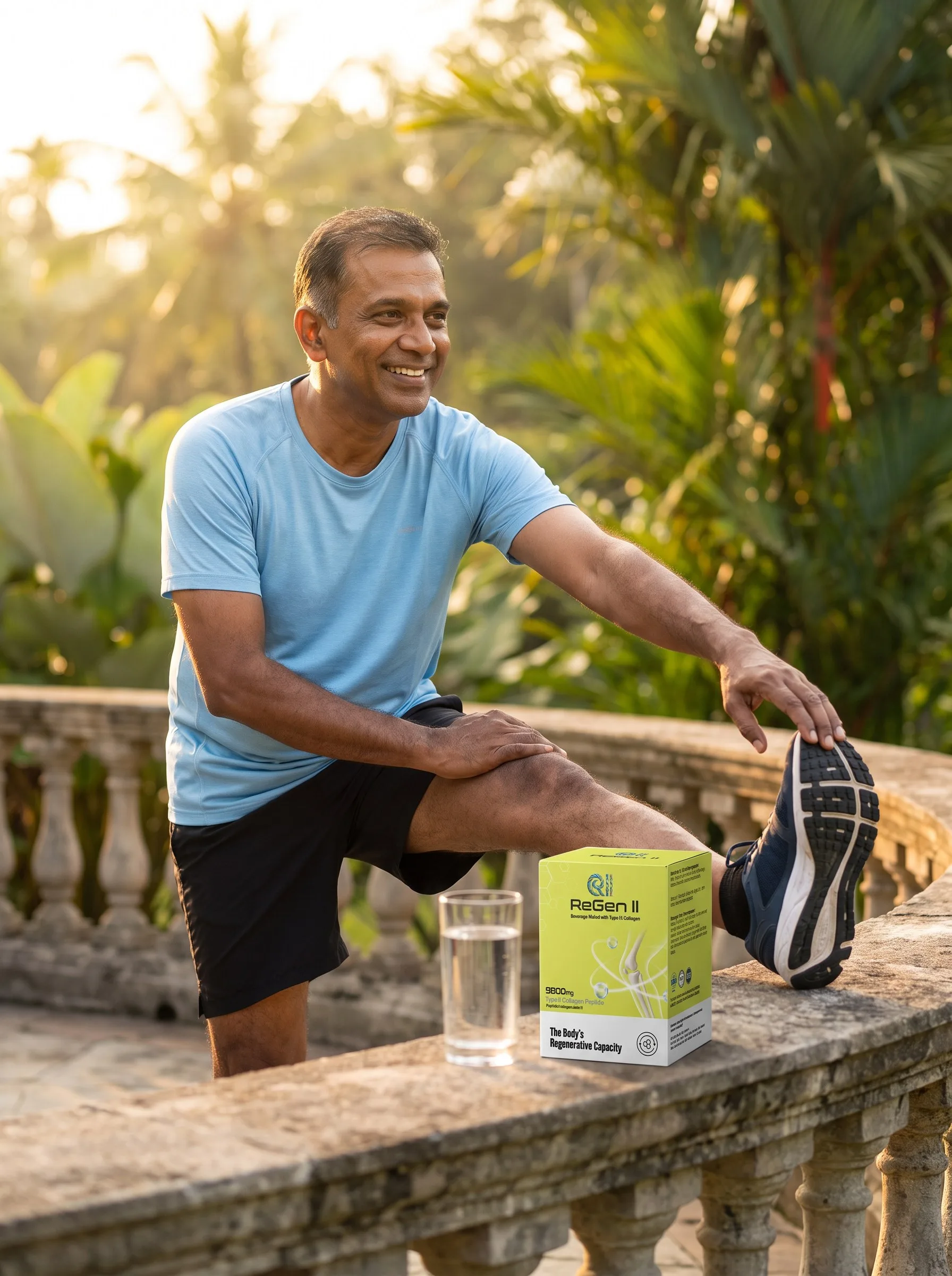 A man stretching on a garden terrace with ReGen II on the ledge