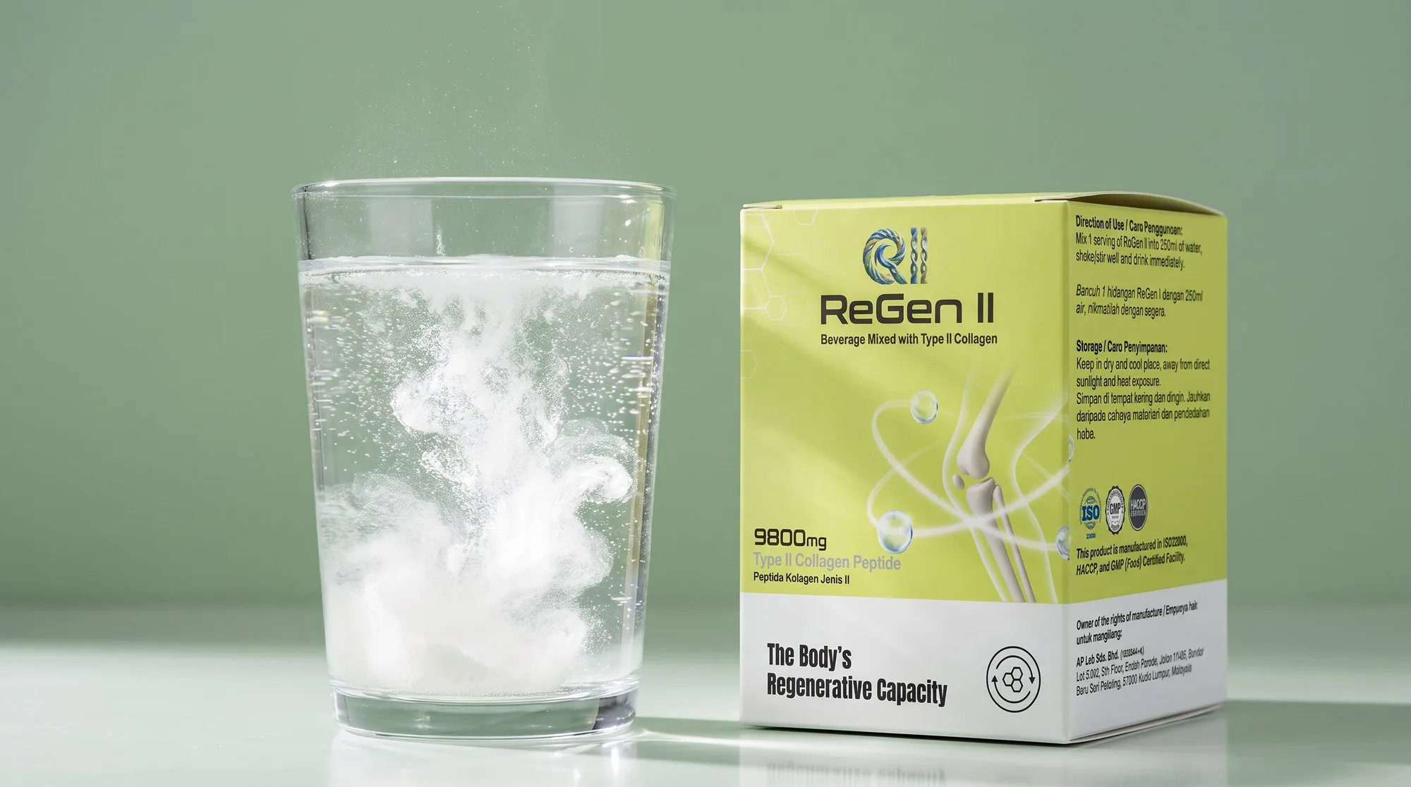 Collagen powder dissolving in a glass of water